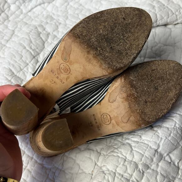 CHANEL Cruise 2008 Cork Striped CC Slingback Platform Heels Size 37 US 6.5 - Picture 9 of 9